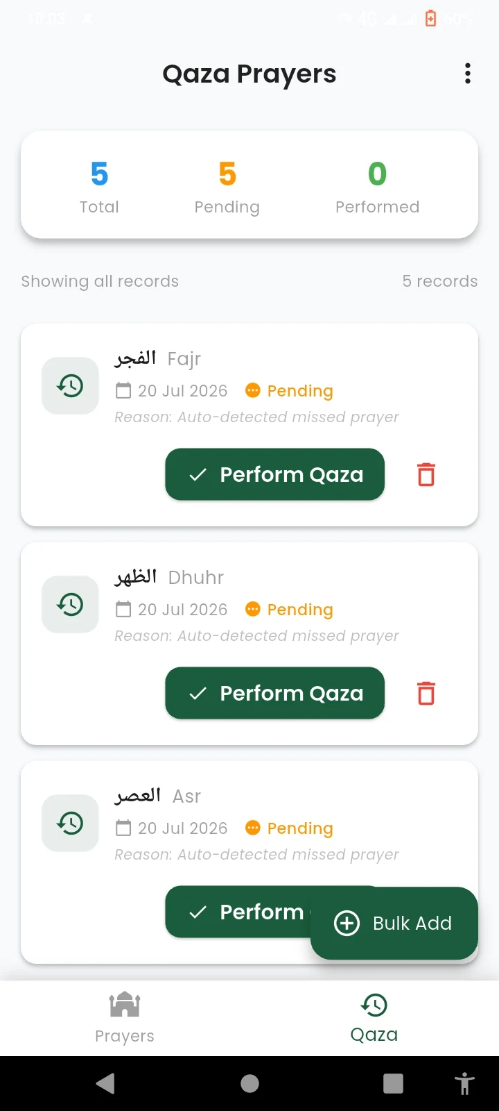 Qaza Prayer Management Screen